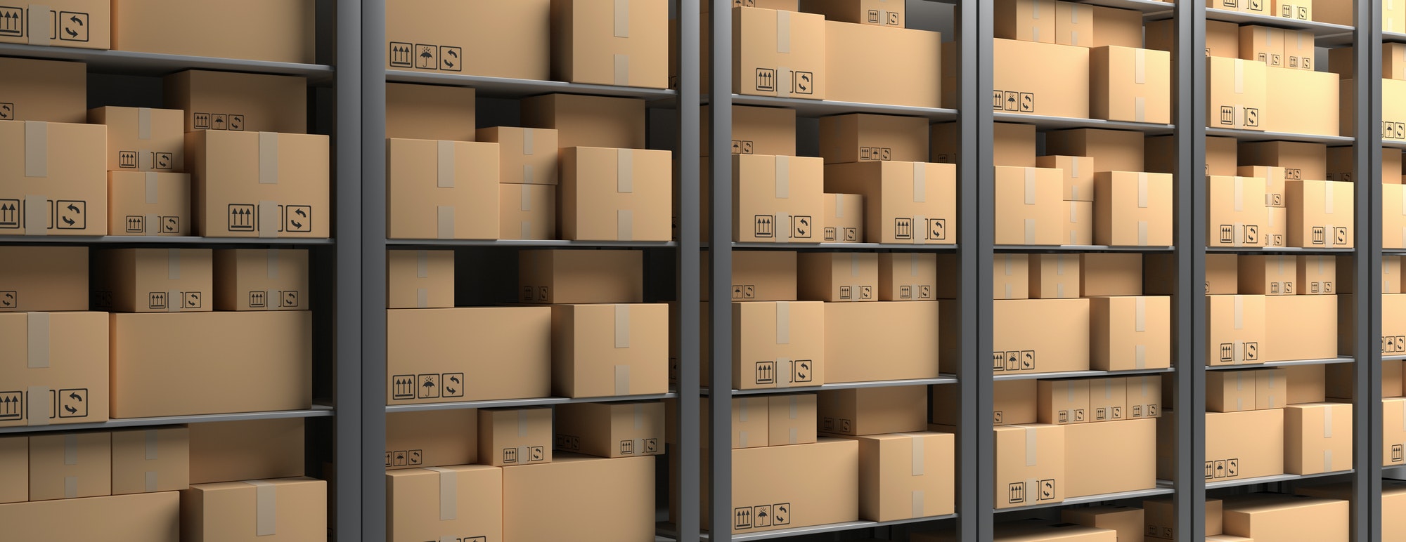 cardboard boxes on storage warehouse shelves background 3d illustration - Accueil